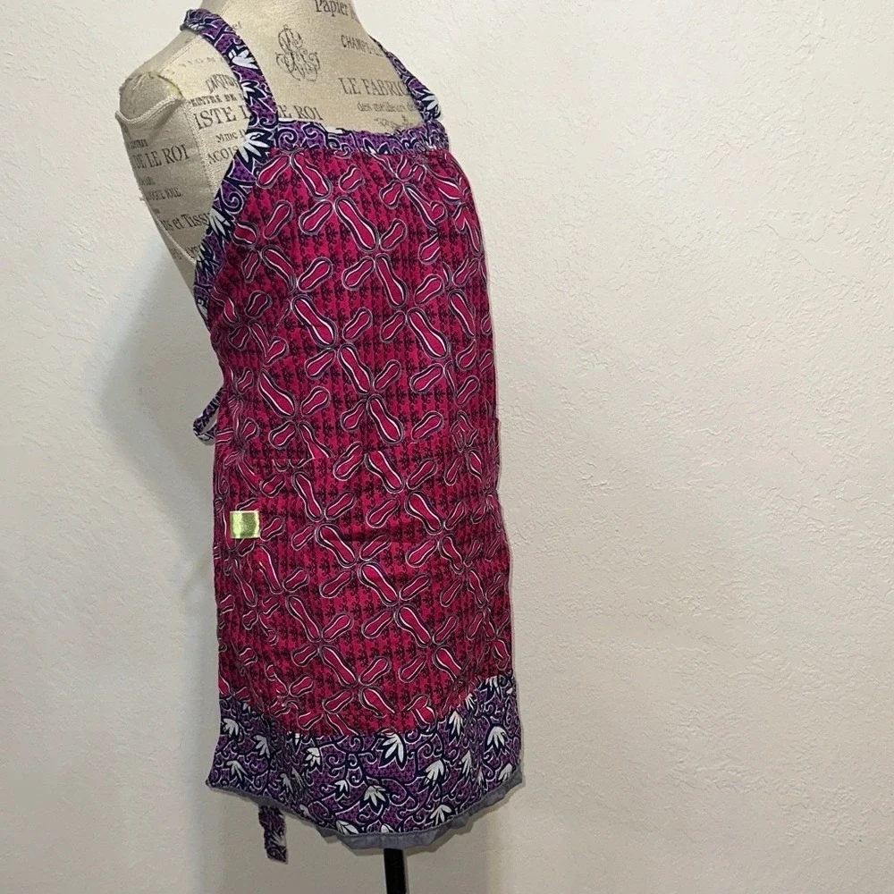 Global Mamas Pink Purple Batik Print Cotton Apron with Front Pocket Fair Trade